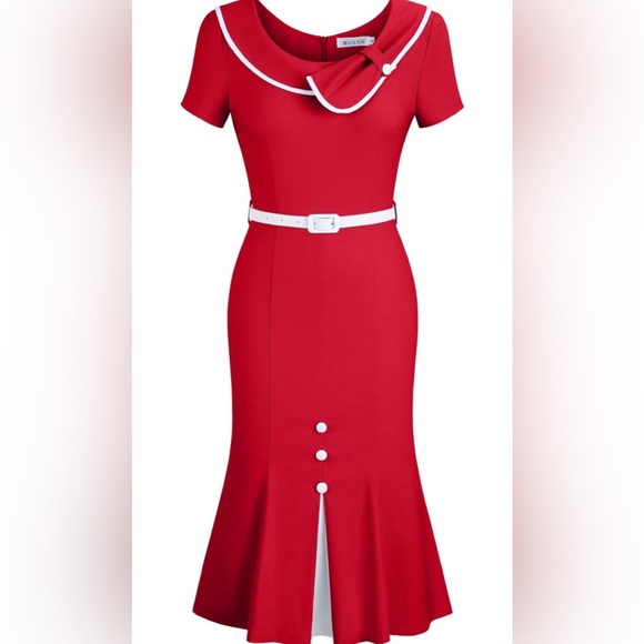 Womens Vintage Look Elegant Short Sleeve Mermaid Crew Neck Bodycon M - Picture 2 of 5